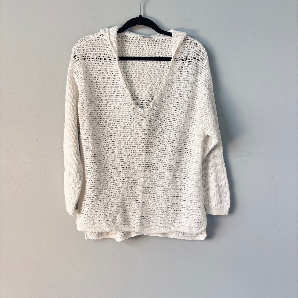 Pure Jill White Open Knit Hooded Sweater Crochet V-Neck Pullover Top large